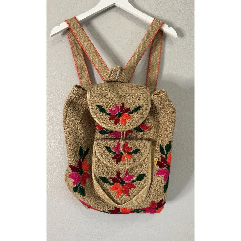Boho Jute Crochet Embroidered Floral Backpack Hippie Festival Folk Art Rucksack